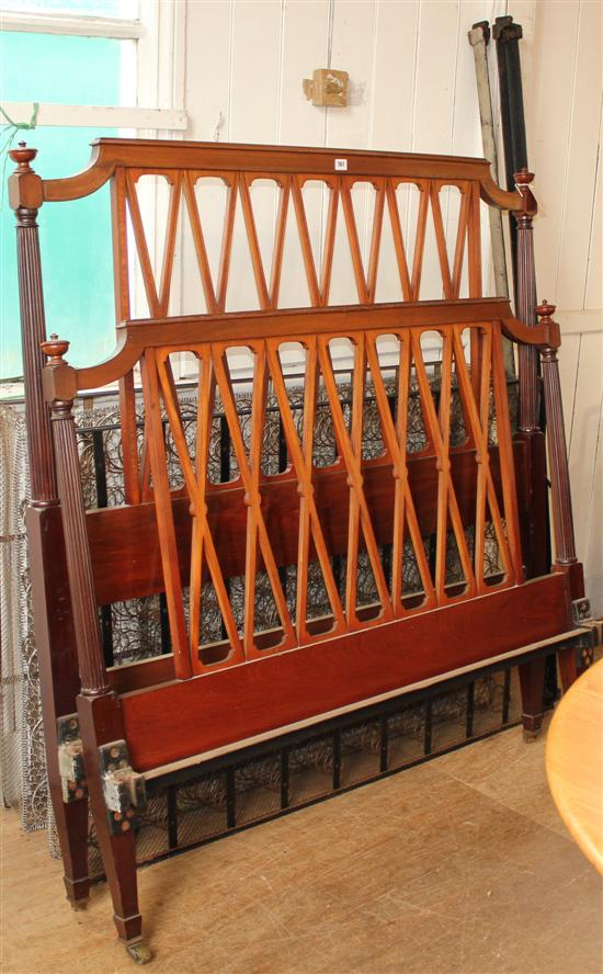 Edwardian satinwood-inlaid mahogany trellis pattern bedstead